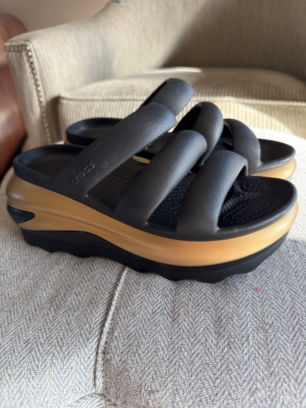 New CROCS Triple-Strap Platform Slides in Black and Tan